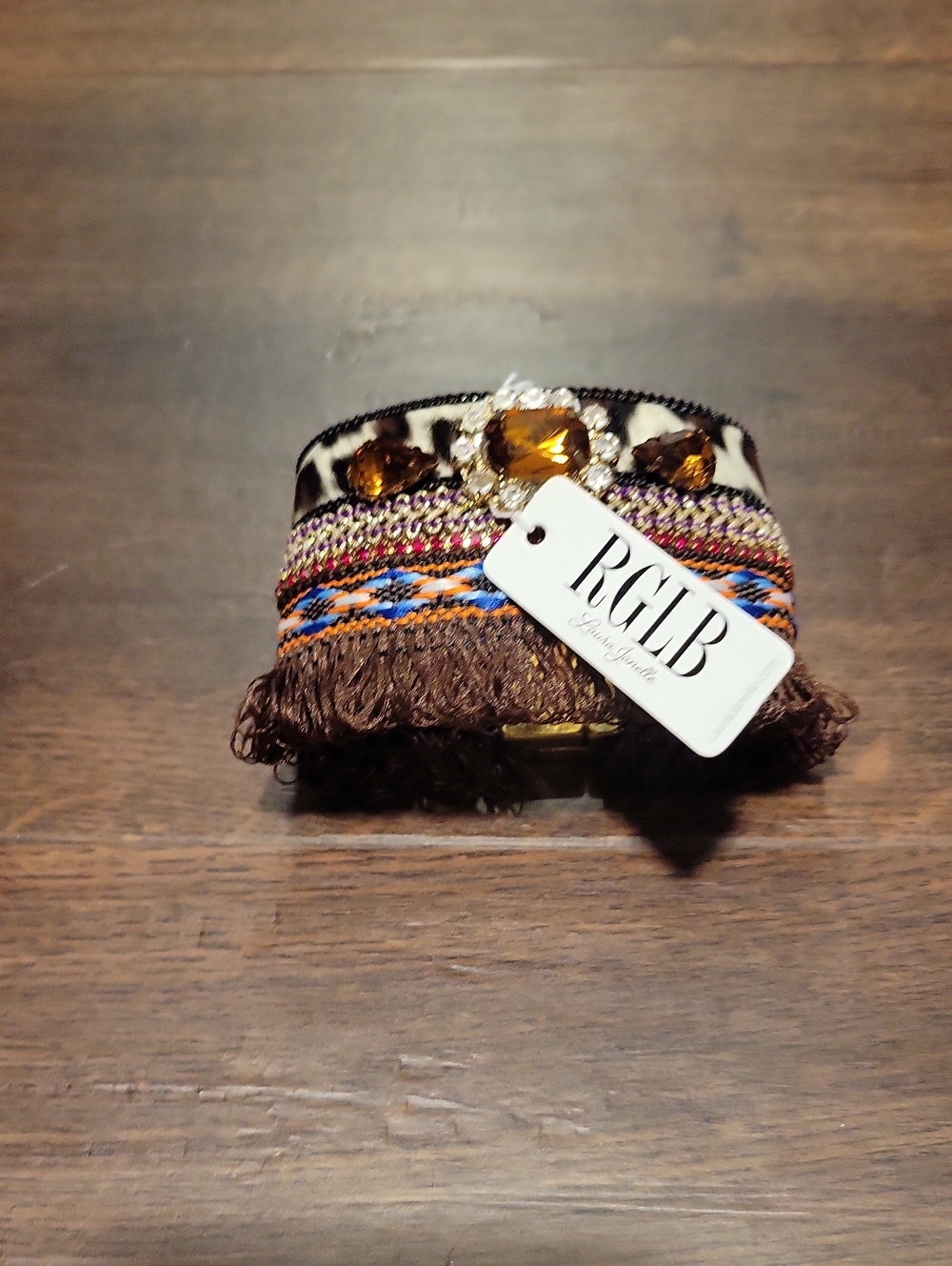 Brown Multicolor Embellished Fringe Cuff Bracelet
